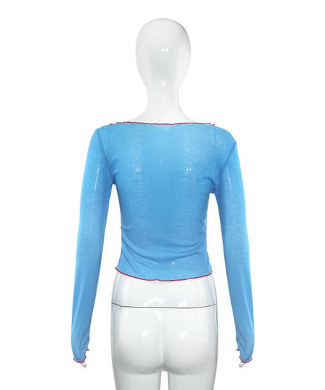 Stay Forever 18: Y2K Blue Ribbed Long Sleeve Crop Top | Trendy Lettuce Hem Fall Tee for Women