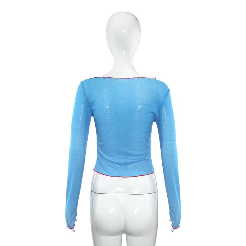 Stay Forever 18: Y2K Blue Ribbed Long Sleeve Crop Top | Trendy Lettuce Hem Fall Tee for Women