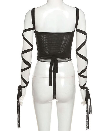 Gothic Glam Mesh Tie-Up Crop Top – Edgy Black Sheer Cami for Fall Nights & Halloween Parties