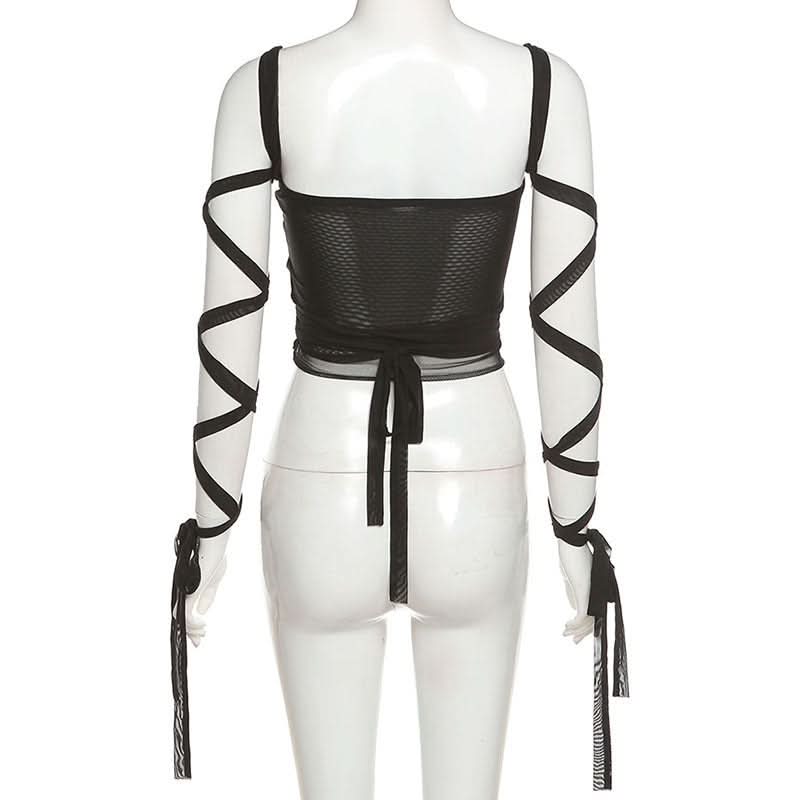Gothic Glam Mesh Tie-Up Crop Top – Edgy Black Sheer Cami for Fall Nights & Halloween Parties
