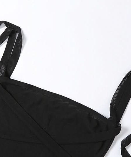 Gothic Glam Mesh Tie-Up Crop Top – Edgy Black Sheer Cami for Fall Nights & Halloween Parties