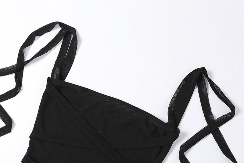 Gothic Glam Mesh Tie-Up Crop Top – Edgy Black Sheer Cami for Fall Nights & Halloween Parties