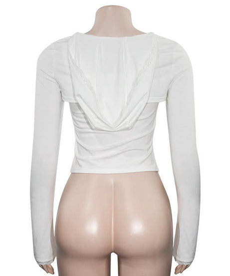 Effortless Chic: Y2K Cutout Long Sleeve Crop Top with Lace Trim & 'Mame Band' Embroidery – Trendy Fall Fashion for Women