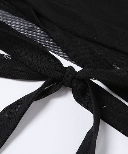 Gothic Glam Mesh Tie-Up Crop Top – Edgy Black Sheer Cami for Fall Nights & Halloween Parties
