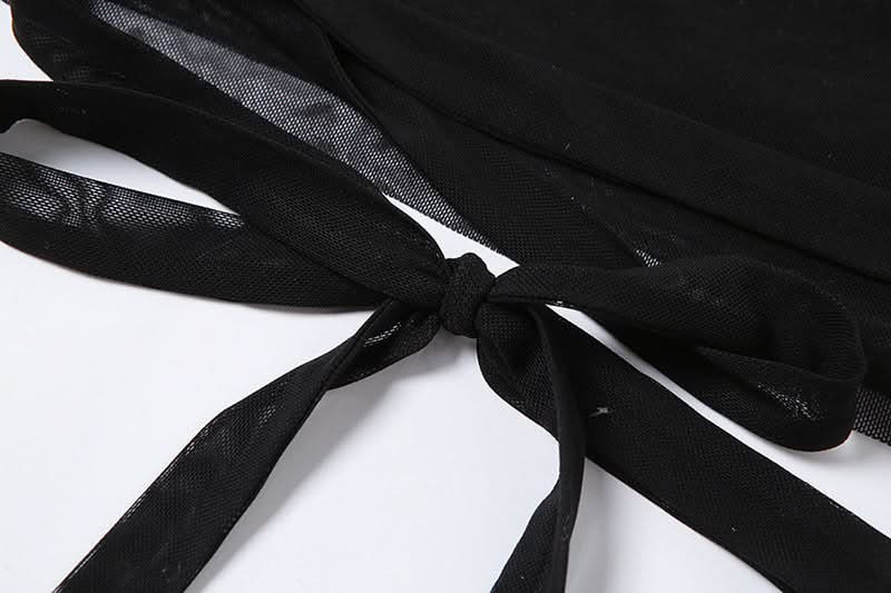 Gothic Glam Mesh Tie-Up Crop Top – Edgy Black Sheer Cami for Fall Nights & Halloween Parties