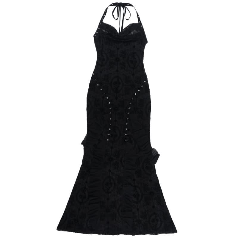 Bewitching Black Halter Cowl Neck Maxi Dress - Gothic Glamour & Spooky Season Chic