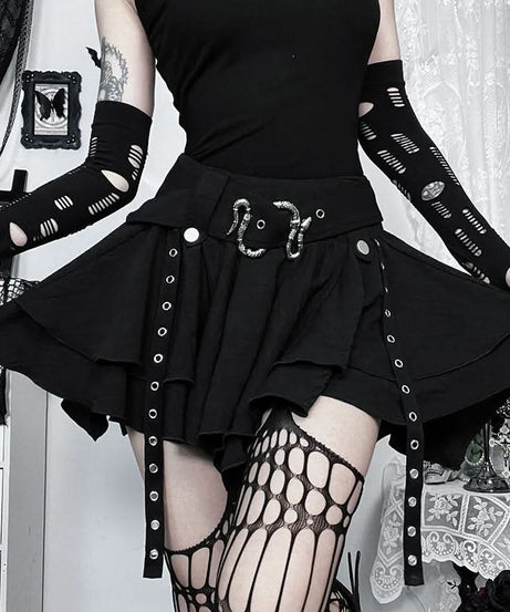 Midnight Serpent Tiered Mini Skirt | Edgy Goth Punk A-Line with Snake Buckle & Grommet Straps – Halloween & Fall Style