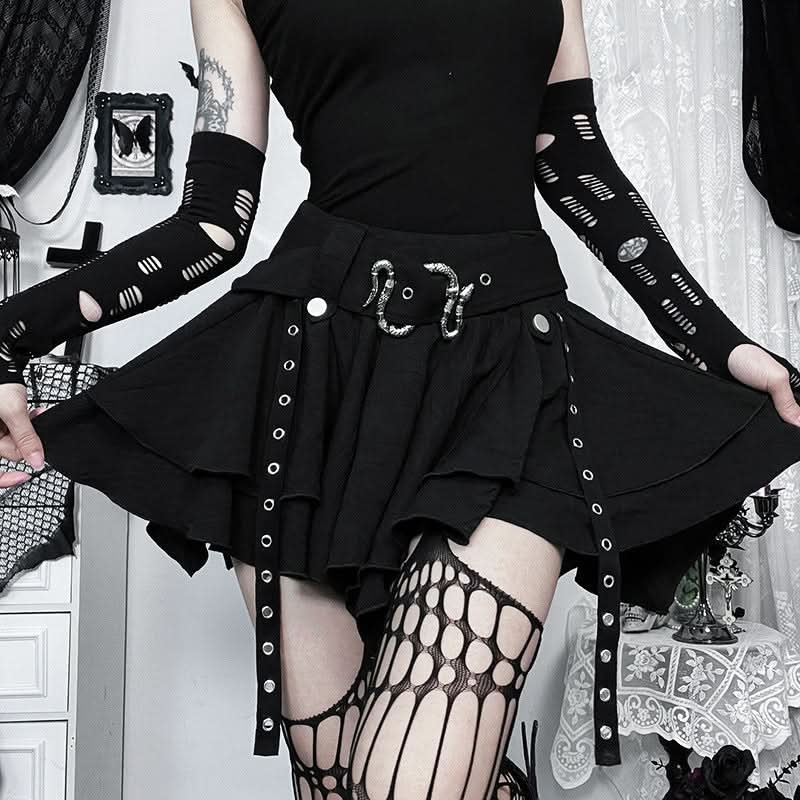 Midnight Serpent Tiered Mini Skirt | Edgy Goth Punk A-Line with Snake Buckle & Grommet Straps – Halloween & Fall Style