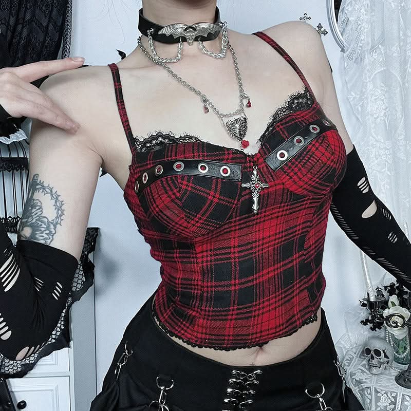 Slay Your Fall Style: Edgy Plaid Bustier Cami Top with Lace & Eyelets – Perfect for Halloween & Alt Fashion!