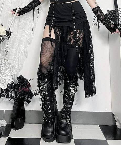 Haute Goth Lace & Eyelet Asymmetrical Skirt - Your Spooky Season & Fall Style Statement
