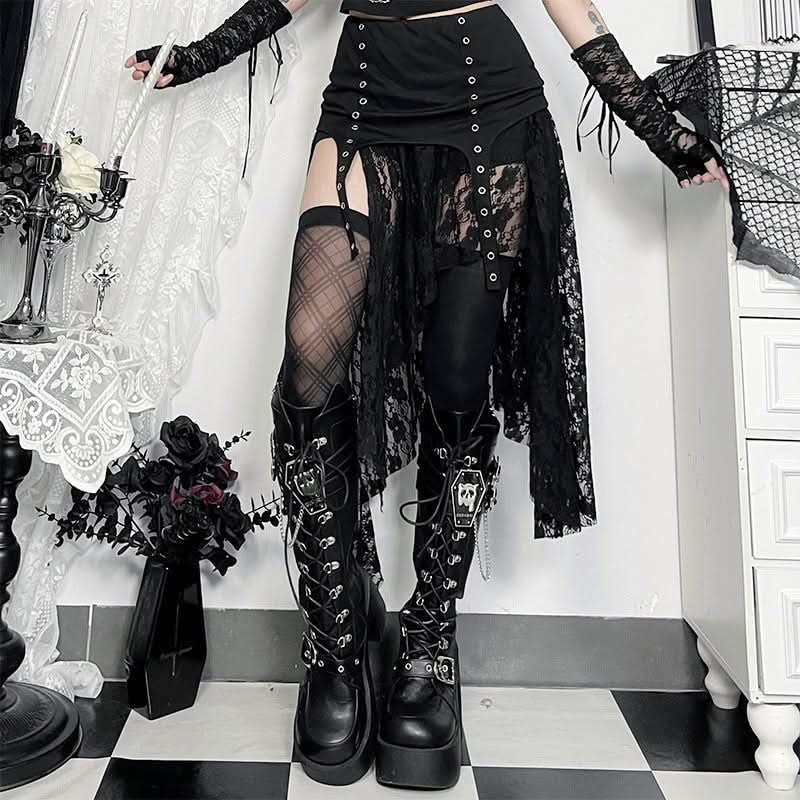Haute Goth Lace & Eyelet Asymmetrical Skirt - Your Spooky Season & Fall Style Statement