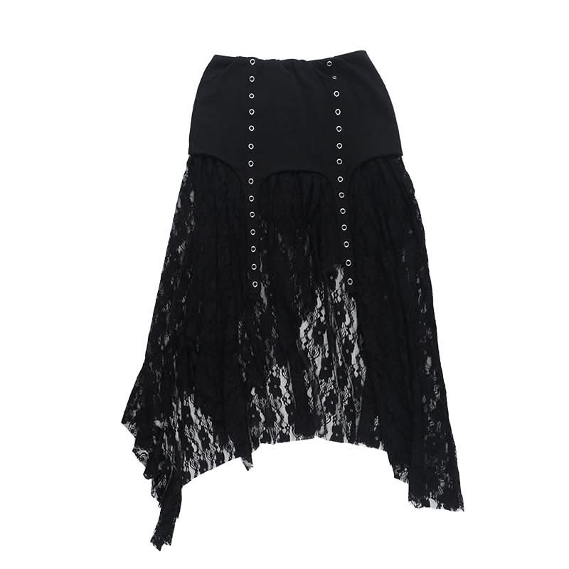 Haute Goth Lace & Eyelet Asymmetrical Skirt - Your Spooky Season & Fall Style Statement