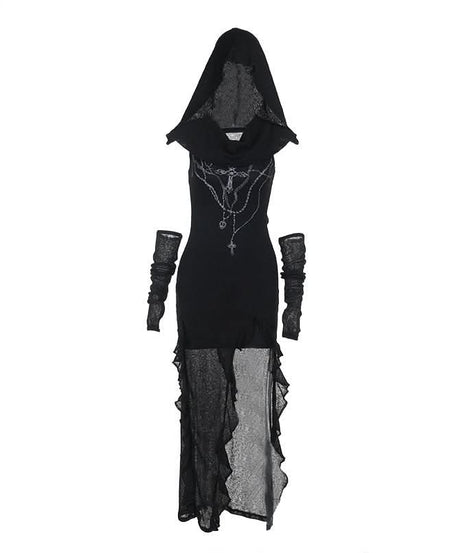 Dark Enchantress Drape Hooded Slit Maxi Dress & Arm Warmers - Perfect for Halloween & Fall Goth Fashion