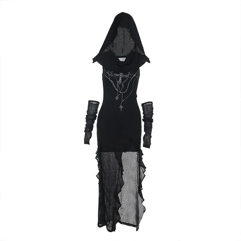 Dark Enchantress Drape Hooded Slit Maxi Dress & Arm Warmers - Perfect for Halloween & Fall Goth Fashion