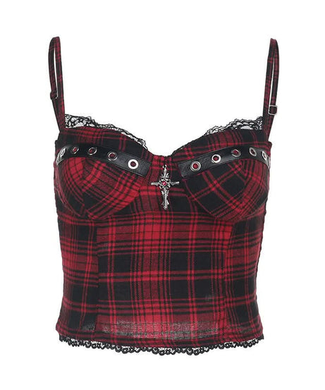 Slay Your Fall Style: Edgy Plaid Bustier Cami Top with Lace & Eyelets – Perfect for Halloween & Alt Fashion!