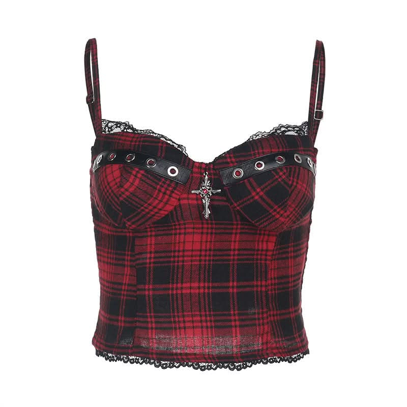 Slay Your Fall Style: Edgy Plaid Bustier Cami Top with Lace & Eyelets – Perfect for Halloween & Alt Fashion!