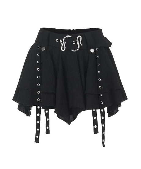 Midnight Serpent Tiered Mini Skirt | Edgy Goth Punk A-Line with Snake Buckle & Grommet Straps – Halloween & Fall Style