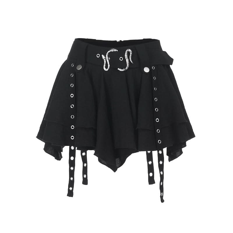 Midnight Serpent Tiered Mini Skirt | Edgy Goth Punk A-Line with Snake Buckle & Grommet Straps – Halloween & Fall Style