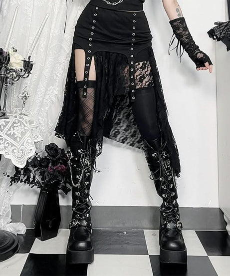 Haute Goth Lace & Eyelet Asymmetrical Skirt - Your Spooky Season & Fall Style Statement