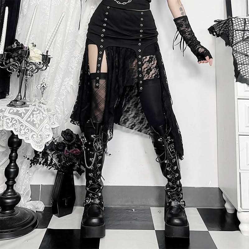 Haute Goth Lace & Eyelet Asymmetrical Skirt - Your Spooky Season & Fall Style Statement