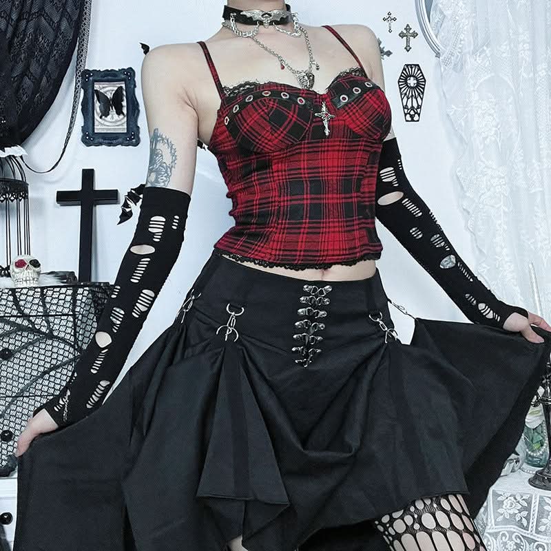Slay Your Fall Style: Edgy Plaid Bustier Cami Top with Lace & Eyelets – Perfect for Halloween & Alt Fashion!