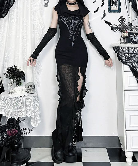 Dark Enchantress Drape Hooded Slit Maxi Dress & Arm Warmers - Perfect for Halloween & Fall Goth Fashion