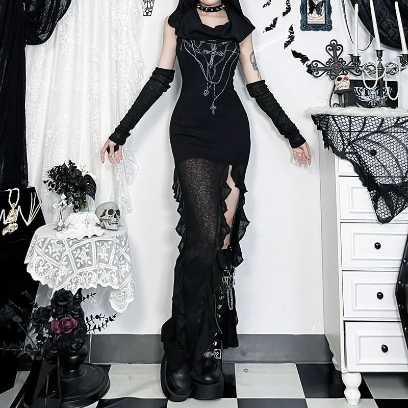Dark Enchantress Drape Hooded Slit Maxi Dress & Arm Warmers - Perfect for Halloween & Fall Goth Fashion