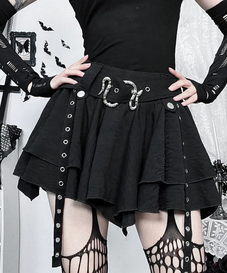 Midnight Serpent Tiered Mini Skirt | Edgy Goth Punk A-Line with Snake Buckle & Grommet Straps – Halloween & Fall Style