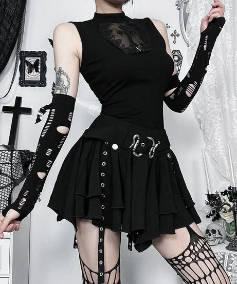 Midnight Serpent Tiered Mini Skirt | Edgy Goth Punk A-Line with Snake Buckle & Grommet Straps – Halloween & Fall Style