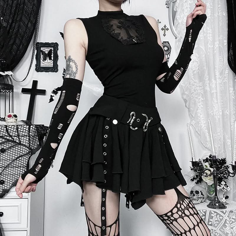 Midnight Serpent Tiered Mini Skirt | Edgy Goth Punk A-Line with Snake Buckle & Grommet Straps – Halloween & Fall Style