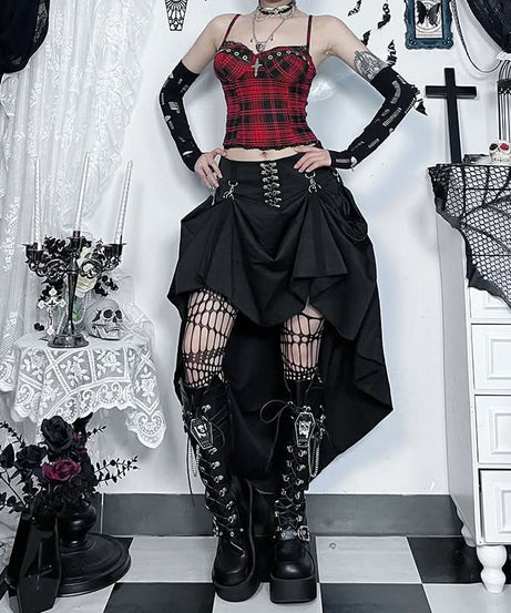 Slay Your Fall Style: Edgy Plaid Bustier Cami Top with Lace & Eyelets – Perfect for Halloween & Alt Fashion!