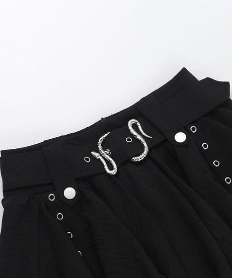 Midnight Serpent Tiered Mini Skirt | Edgy Goth Punk A-Line with Snake Buckle & Grommet Straps – Halloween & Fall Style