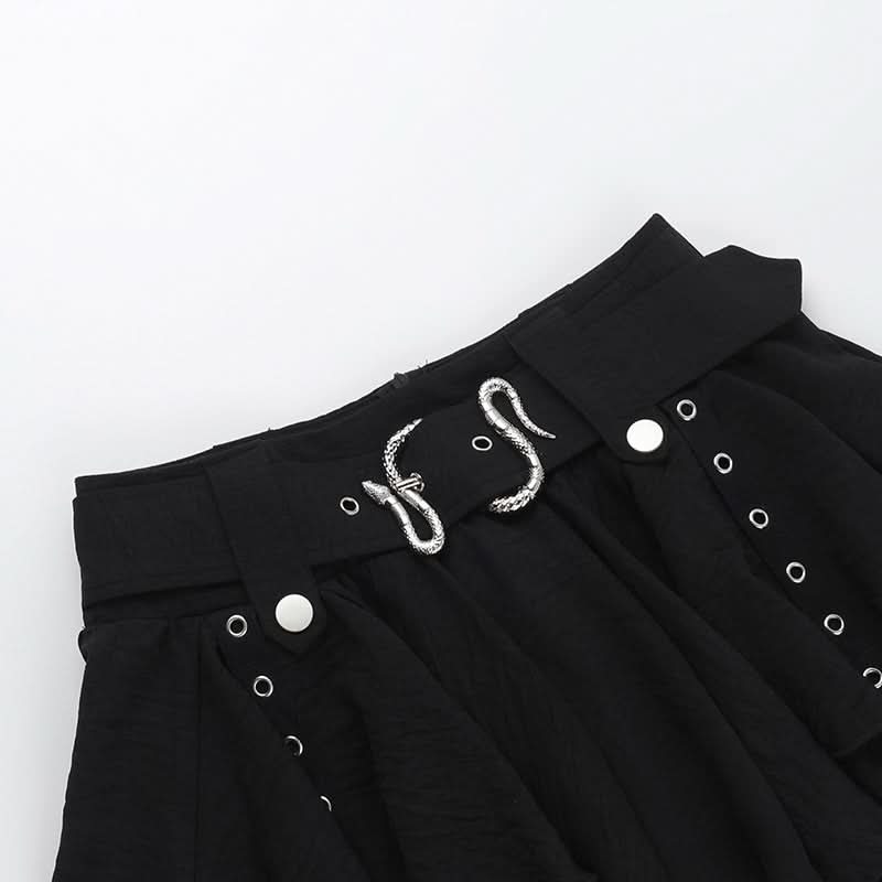 Midnight Serpent Tiered Mini Skirt | Edgy Goth Punk A-Line with Snake Buckle & Grommet Straps – Halloween & Fall Style