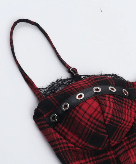 Slay Your Fall Style: Edgy Plaid Bustier Cami Top with Lace & Eyelets – Perfect for Halloween & Alt Fashion!