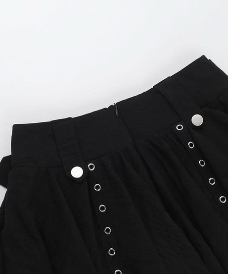 Midnight Serpent Tiered Mini Skirt | Edgy Goth Punk A-Line with Snake Buckle & Grommet Straps – Halloween & Fall Style