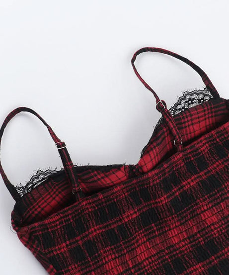 Slay Your Fall Style: Edgy Plaid Bustier Cami Top with Lace & Eyelets – Perfect for Halloween & Alt Fashion!