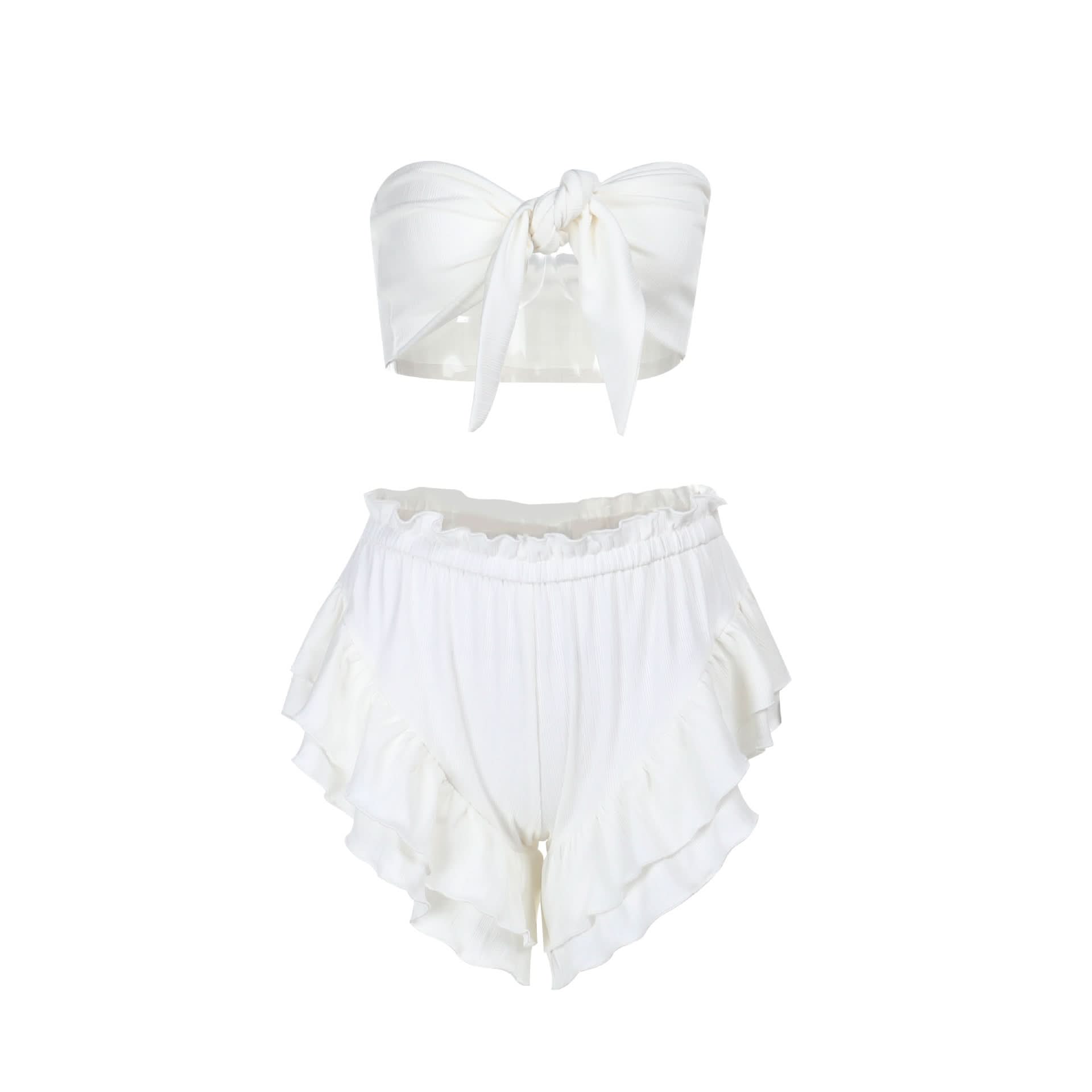 Dreamy White Knotted Tube Top & Ruffle Shorts Set - Your Ultimate Resort & Vacation Essential