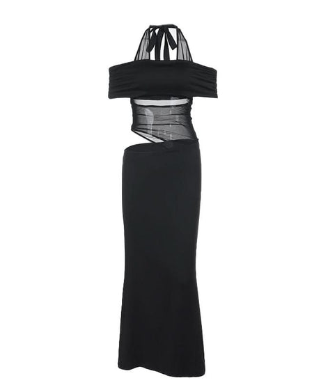 Glamorous Black Halter Off-Shoulder Cutout Maxi Dress | Fall & Holiday Event Ready