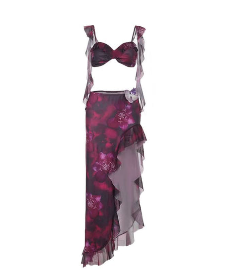 Fuchsia Dream Orchid Ruffle Two-Piece Set | Resort Chic Crop Top & Maxi Skirt