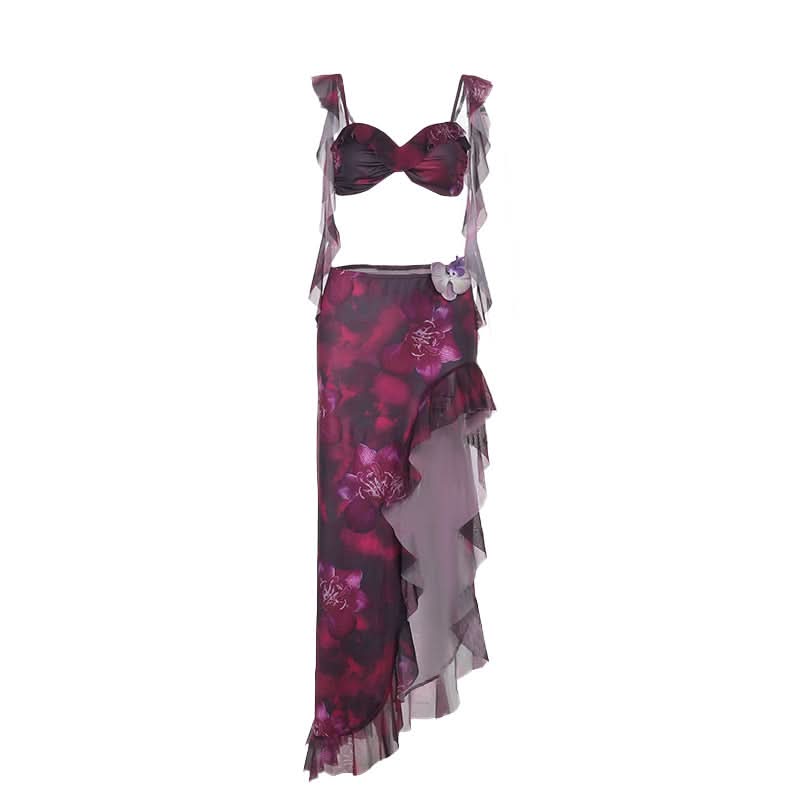 Fuchsia Dream Orchid Ruffle Two-Piece Set | Resort Chic Crop Top & Maxi Skirt