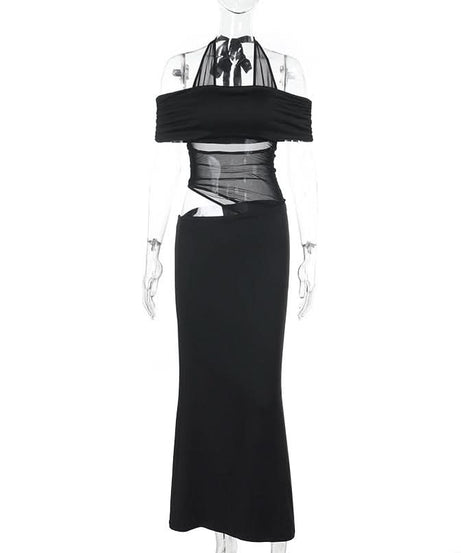 Glamorous Black Halter Off-Shoulder Cutout Maxi Dress | Fall & Holiday Event Ready