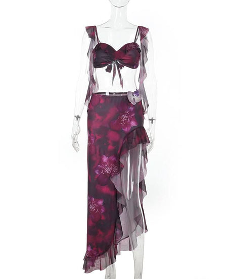 Fuchsia Dream Orchid Ruffle Two-Piece Set | Resort Chic Crop Top & Maxi Skirt