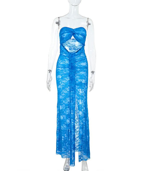 Siren Blue Lace Cut-Out Maxi Dress - Strapless Slit Glam for Nights Out & Resort Vacations