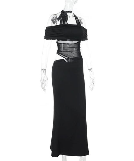 Glamorous Black Halter Off-Shoulder Cutout Maxi Dress | Fall & Holiday Event Ready