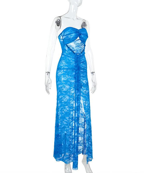 Siren Blue Lace Cut-Out Maxi Dress - Strapless Slit Glam for Nights Out & Resort Vacations