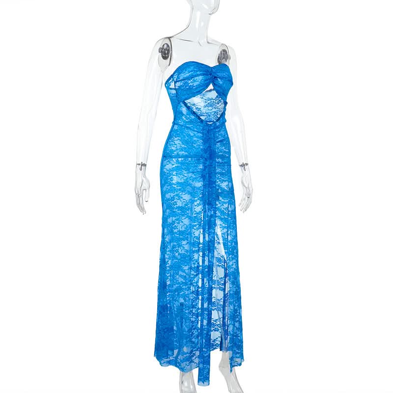 Siren Blue Lace Cut-Out Maxi Dress - Strapless Slit Glam for Nights Out & Resort Vacations