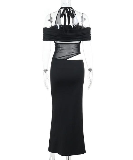 Glamorous Black Halter Off-Shoulder Cutout Maxi Dress | Fall & Holiday Event Ready
