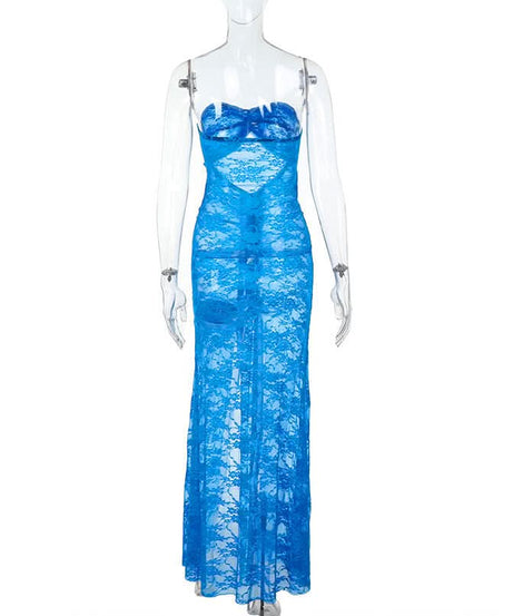Siren Blue Lace Cut-Out Maxi Dress - Strapless Slit Glam for Nights Out & Resort Vacations