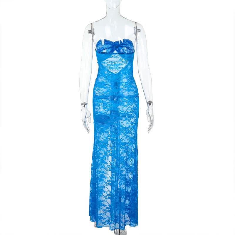 Siren Blue Lace Cut-Out Maxi Dress - Strapless Slit Glam for Nights Out & Resort Vacations