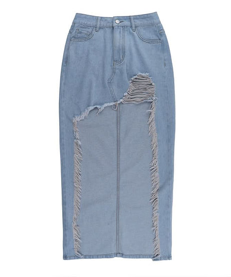 Edgy High-Waisted Distressed Denim Maxi Skirt with Bold Front Slit – Fall Fashion Ready
